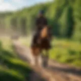 Serene landscape showcasing a horseback rider on a scenic trail.