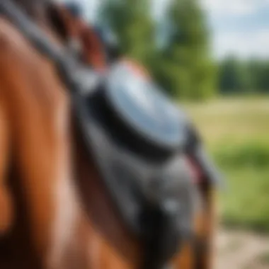 A close-up of a horse equipped for riding, emphasizing safety gear.