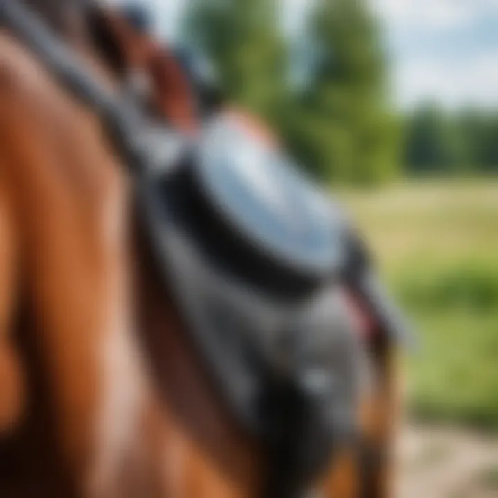 A close-up of a horse equipped for riding, emphasizing safety gear.