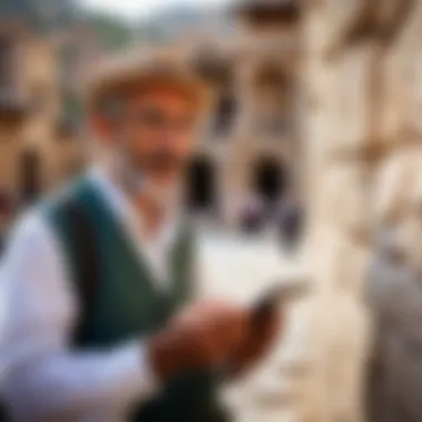 Guide interacting with tourists at a historical site in Turkey