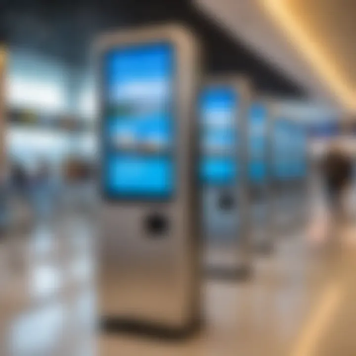 Passengers engaging with the digital information kiosks at the airport.