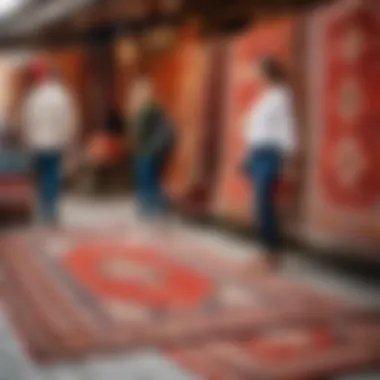 Tourists exploring a market with Lena carpets on display