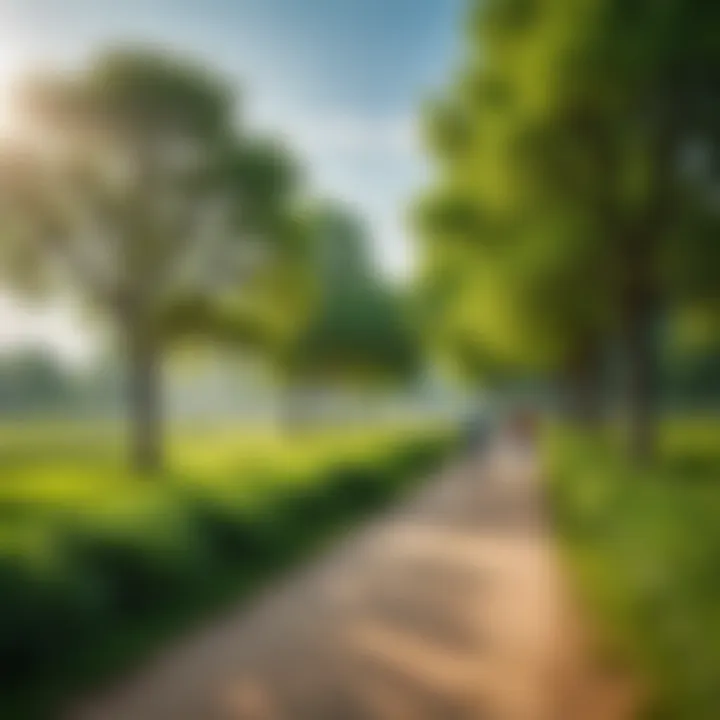 A serene park scene capturing individuals engaged in leisurely walking