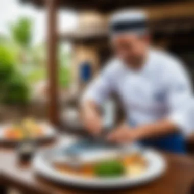 A local chef presenting a signature Blue Marlin meal at a traditional eatery