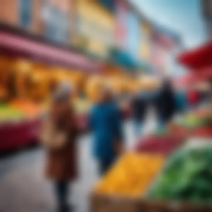 A vibrant market scene where a tourist is listening intently to a vendor, illustrating the value of local insights.