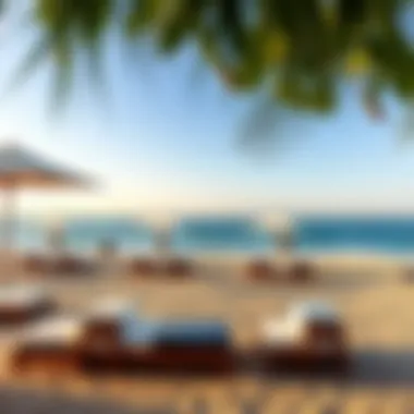 Inviting Lounge Area at Meridian Beach Inviting beach lounge area with sunbeds and umbrellas set against the backdrop of waves