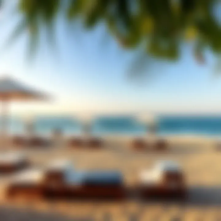 Inviting Lounge Area at Meridian Beach Inviting beach lounge area with sunbeds and umbrellas set against the backdrop of waves