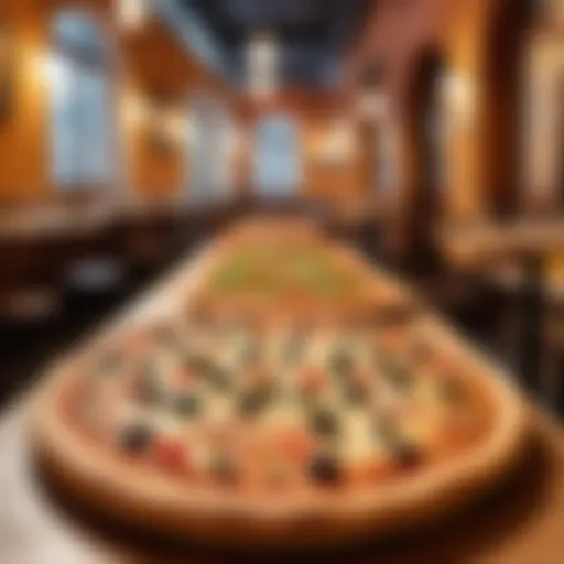 A long, exquisite pizza laid out in a lively pizzeria setting.