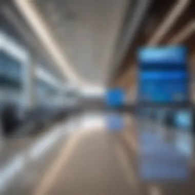 Interior of a modern airport with digital screens