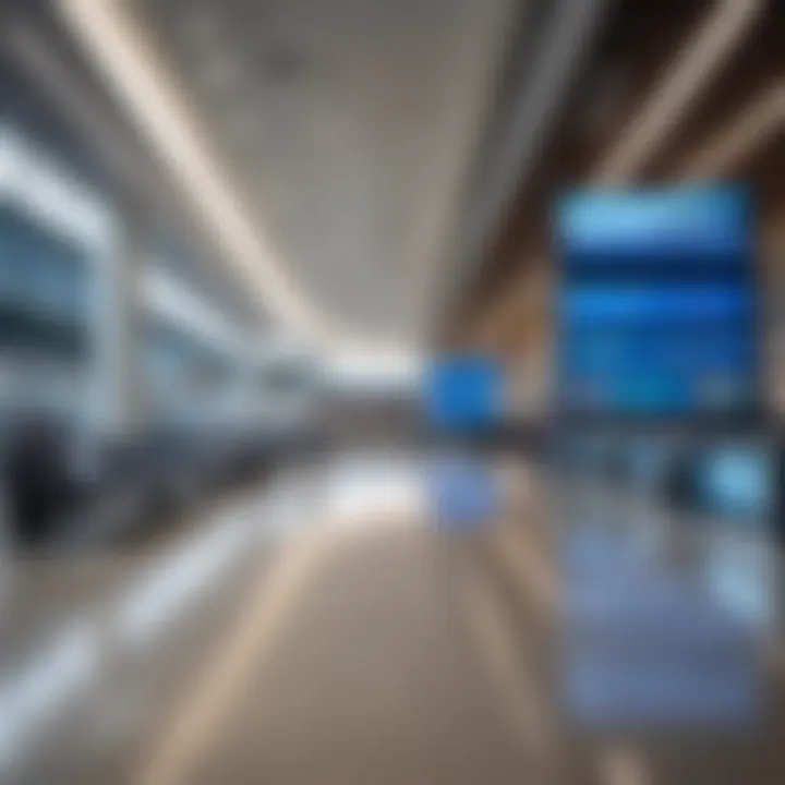 Interior of a modern airport with digital screens