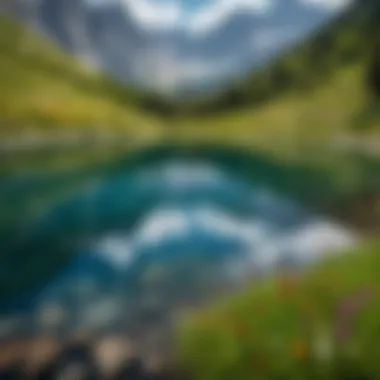 Serene Alpine Lake Reflection A serene alpine lake reflecting the surrounding mountains, surrounded by vibrant wildflowers in bloom.