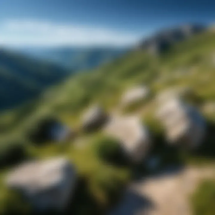 The rugged terrain of the Apennines, featuring lush greenery and rocky outcrops under a clear blue sky.