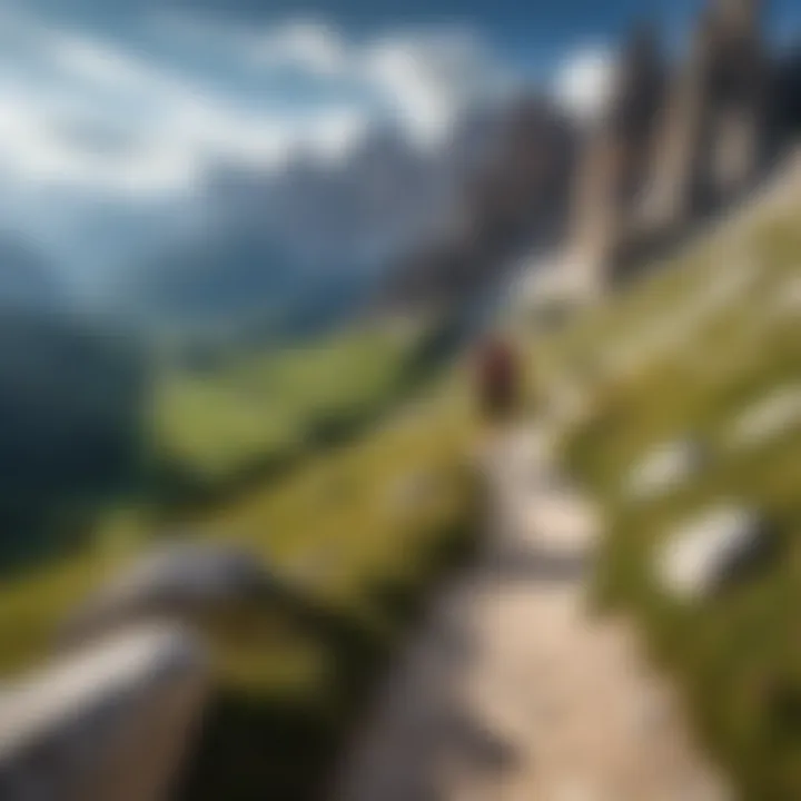 A hiker traversing a scenic trail through the Dolomites, with dramatic rock formations and expansive vistas.