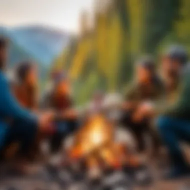 A diverse group of travelers sharing music around a campfire