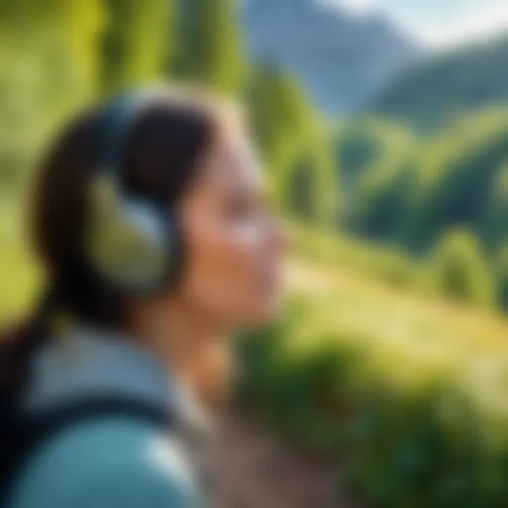 A serene landscape with a traveler listening to music with headphones