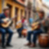 A vibrant street scene filled with musicians playing traditional instruments