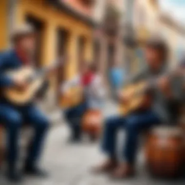 A vibrant street scene filled with musicians playing traditional instruments