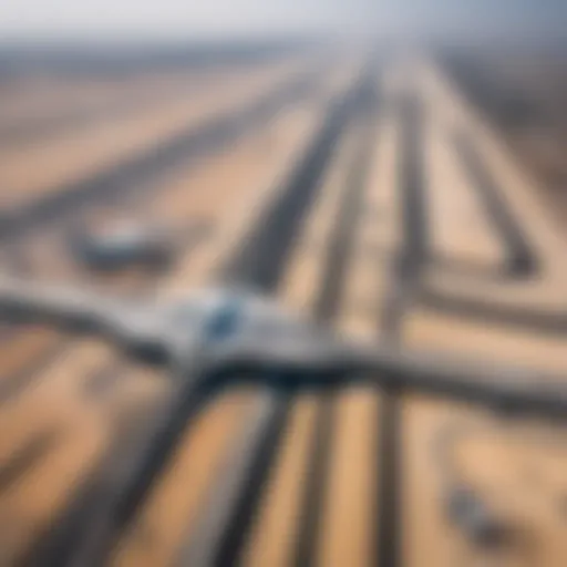 Aerial view of Al Maktoum International Airport showcasing the expansive runways and terminal.