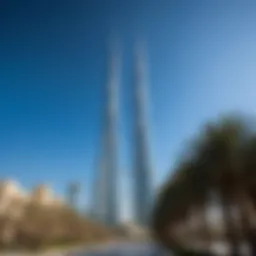 A breathtaking view of the Burj Khalifa towering over the Dubai skyline under a clear blue sky.