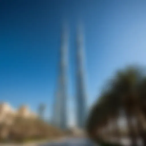 A breathtaking view of the Burj Khalifa towering over the Dubai skyline under a clear blue sky.