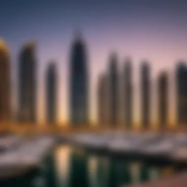 An enchanting scene of the Dubai Marina at sunset, showcasing luxurious yachts and vibrant city lights.