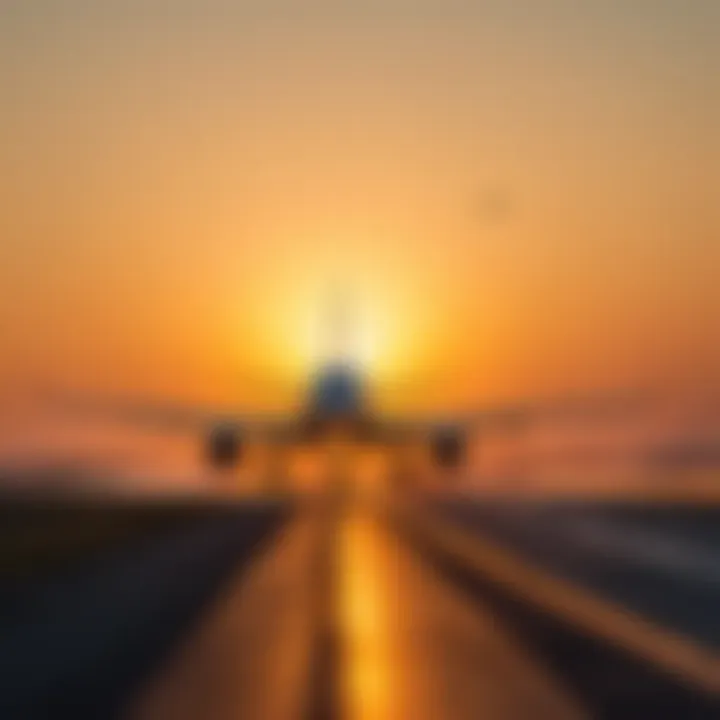 Airplane taking off with sunrise in background