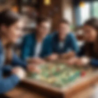 Young adults enjoying board games in a lively gaming lounge