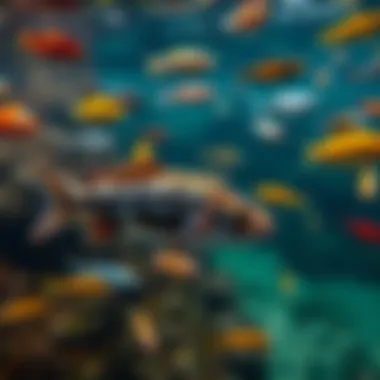 Diverse aquatic species swimming together