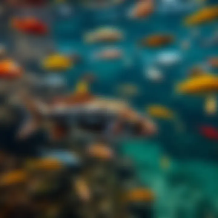 Diverse aquatic species swimming together