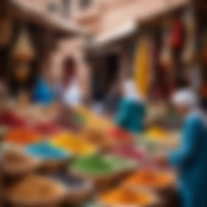 A bustling market scene in Morocco highlighting local crafts and tourism.