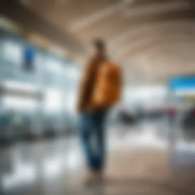 A traveler effortlessly carrying a single backpack through an airport