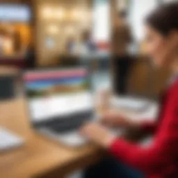 A traveler using a laptop to check-in online for a flight.