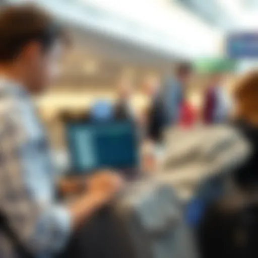 A traveler engaging with a laptop for online check-in
