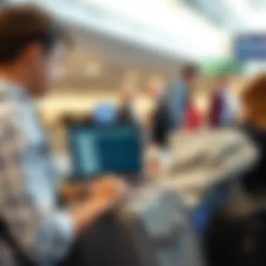Seamless Online Check-In Experience A traveler engaging with a laptop for online check-in