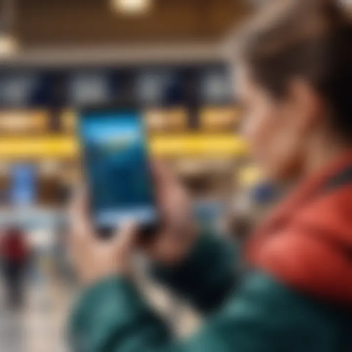 Traveler checking flight status on mobile device