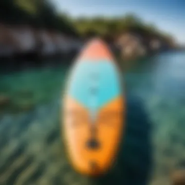 A close-up of a paddleboard showcasing its design and features