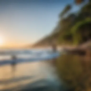 A scenic coastline with paddleboarders enjoying the waves