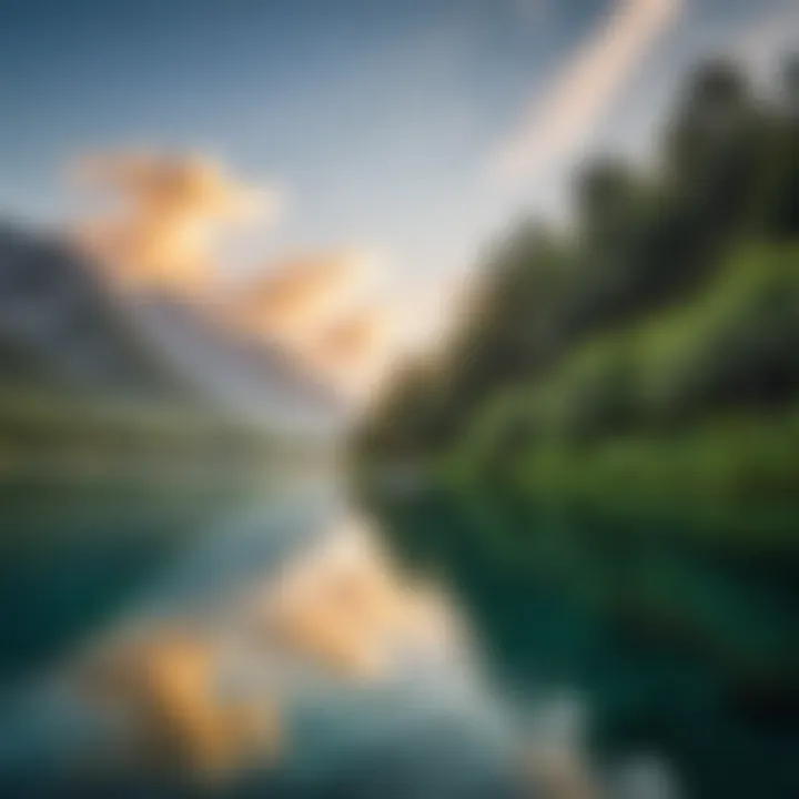 A serene lake with a paddleboarder gliding across the water