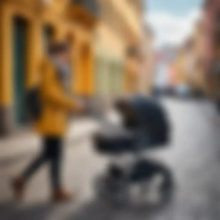 A parent using a stroller on a city street