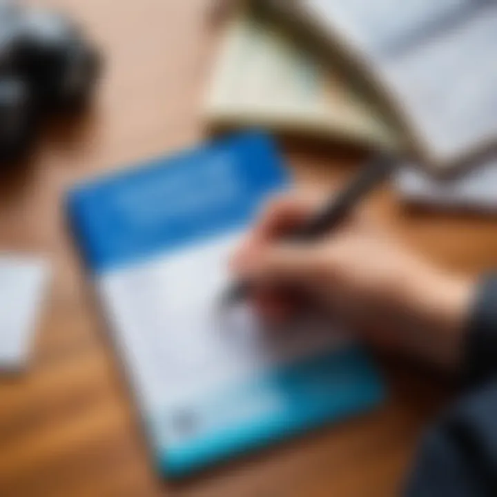 A hand writing a budget plan next to a passport and travel itinerary, depicting careful preparation.