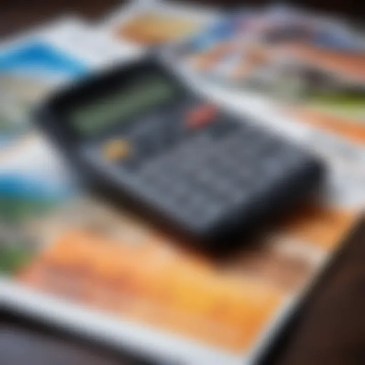 A close-up of a calculator and travel brochure, illustrating financial planning for tours.