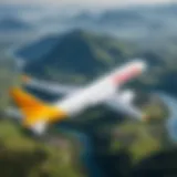 Aerial view of a Pegasus Airlines aircraft flying over picturesque landscapes.