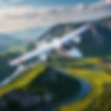 A scenic view of a Pegasus Fly aircraft in flight over a beautiful landscape.