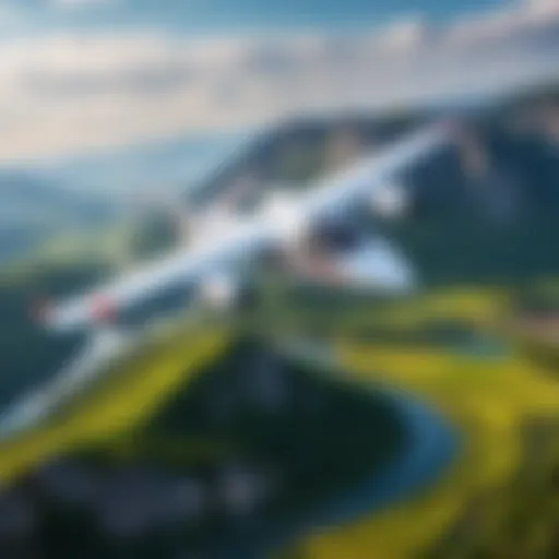 A scenic view of a Pegasus Fly aircraft in flight over a beautiful landscape.