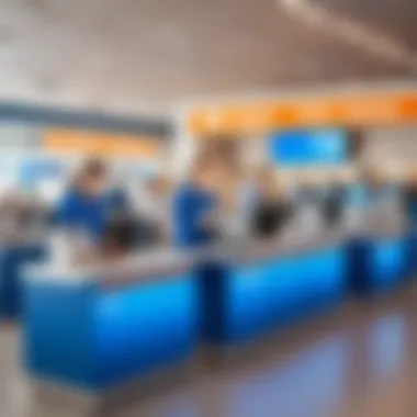 An airport check-in counter with staff and passengers