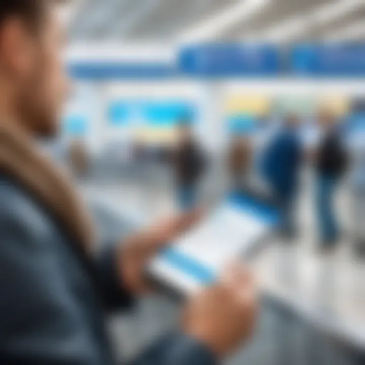 A traveler examining an electronic ticket at the airport