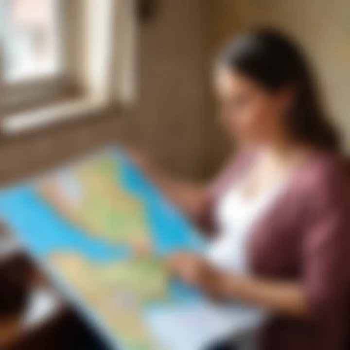 Expectant mother looking at a travel map