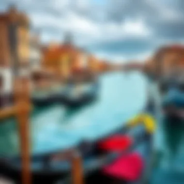 Gondolas in the Venetian Landscape A scenic view of gondolas showcasing their unique colors against the Venetian landscape