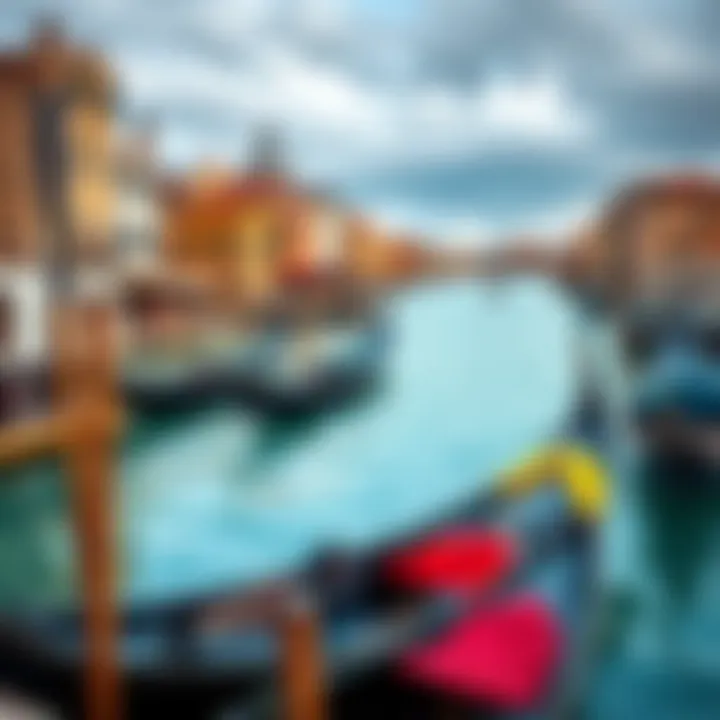Gondolas in the Venetian Landscape A scenic view of gondolas showcasing their unique colors against the Venetian landscape