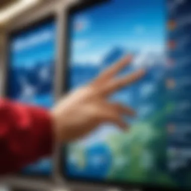 A close-up of a traveler's hand selecting a flight on a digital screen.